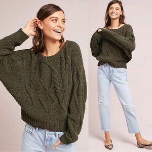 ANTHROPOLOGIE Olive Green Cable Knit Sweater XS
